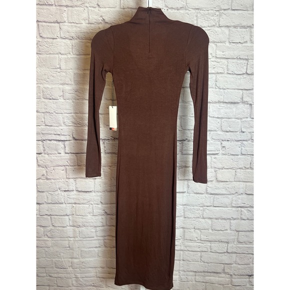 Honor The Gift Women's XS Brown Ribbed Mock Neck Midi Dress Bodycon Minimal - Picture 2 of 8